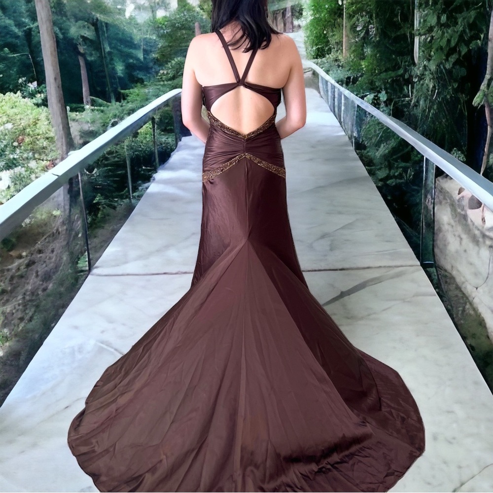 ALYCE DESIGNS Chocolate Brown Satin Formal Gown With Train and Cutout Midriff